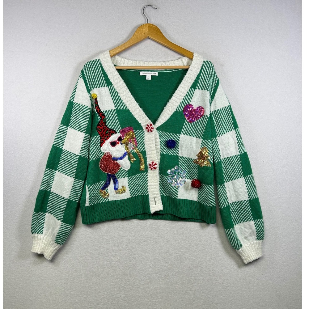 Celebrate Together Christmas Cardigan Women L Green‎ White Gnome Sequin Plaid